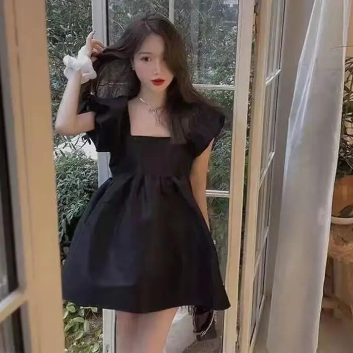 Mini robe de Rhà manches bouffantes pour femmes, robes de princesse noires douces, style français, t