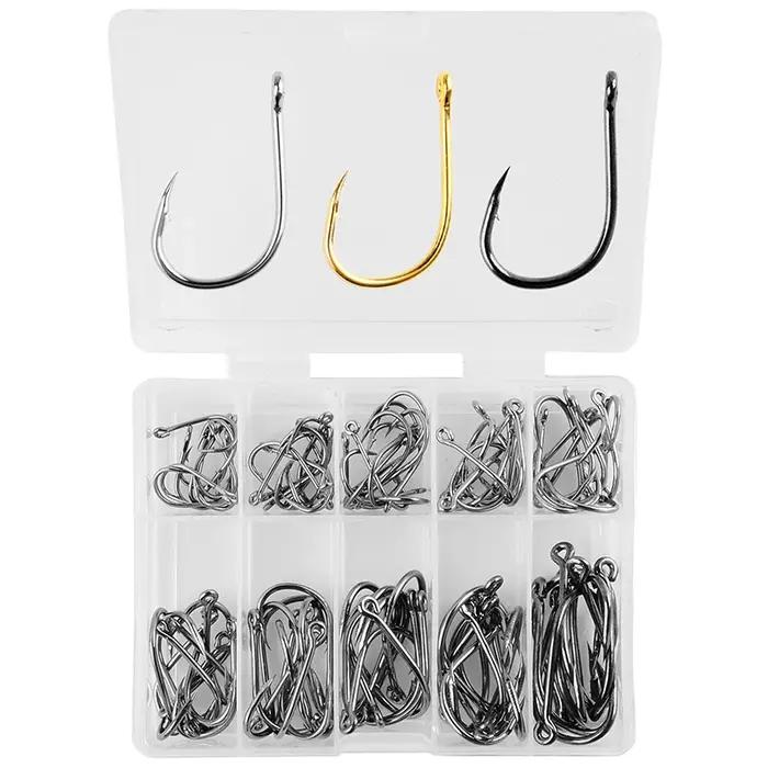 Ensemble d'hameçons de pêche, boîte de 100 pièces, série 10, en acier à haute teneur en carbone, cro