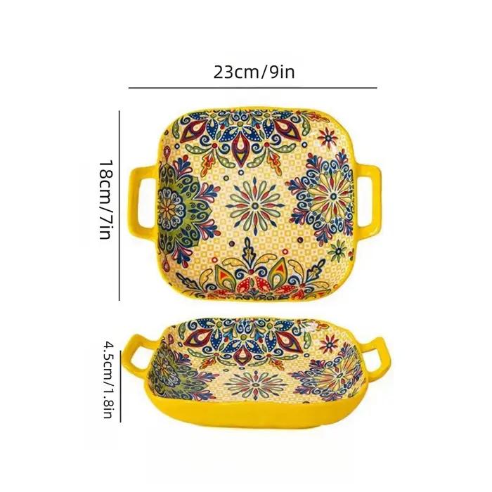 1 pièce d'assiette à salade de style bohème de 9 pouces avec plat à pâtes en céramique à double oreille