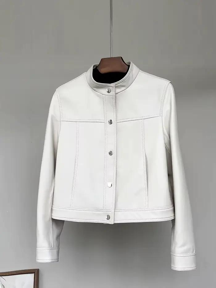 Veste en simili cuir élégante et luxueuse avec col montant et manches longues pour femmes, parfaites pour les occasions formelles et semi-formelles, printemps et automne ```