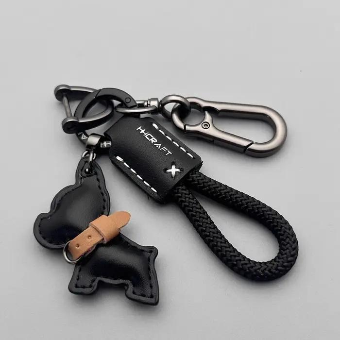 Porte-clés bouledogue français en cuir véritable fait à la main