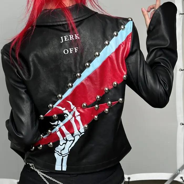 "Rock Music Player"-Veste en cuir avec panneau imprimé, coupe rivet, manches évasées, coupe couverte