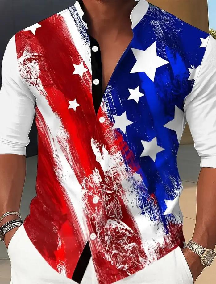 Chemise patriotique drapeau américain homme style décontracté col mandarin impression 3d polyester élasthanne diverses tailles couleurs occasions spéciales