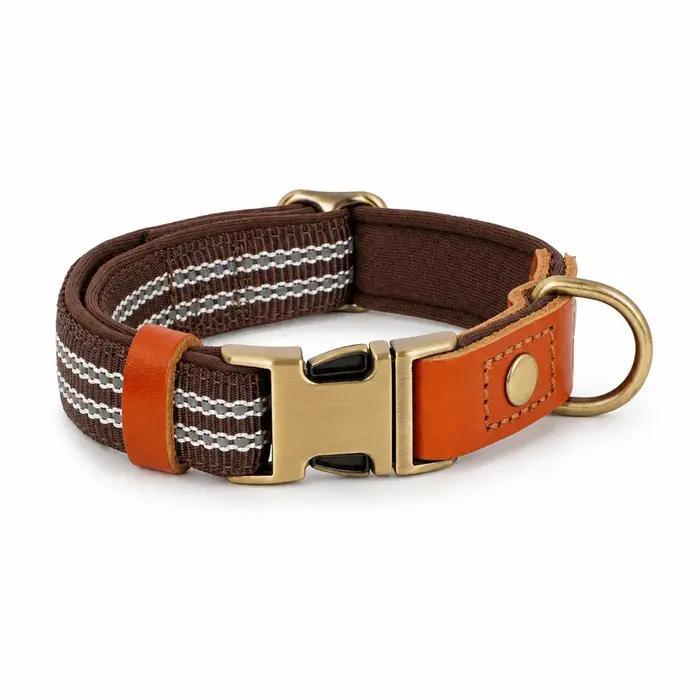 Collier pour chien rétro à rayures réglable et réfléchissant en nylon, adapté aux promenades nocturnes.