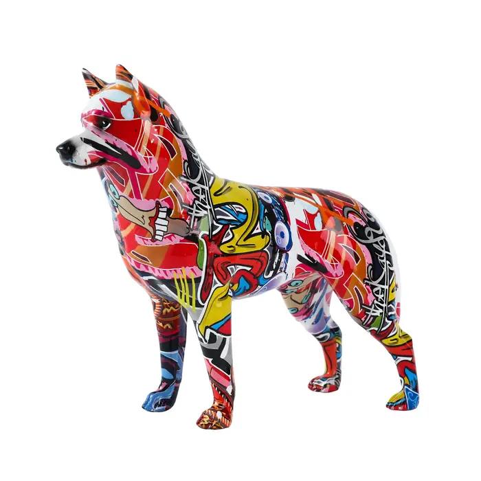 Statue de chien husky en résine faite à la main, nouvel art créatif et coloré, décorations artisanal