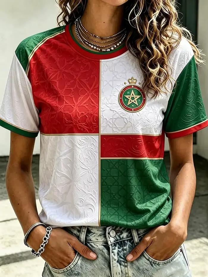 T-shirt sportif junior à col en V imprimé drapeau maroc avec écusson marocco et bordure traditionnelle pour femmes toutes saisons