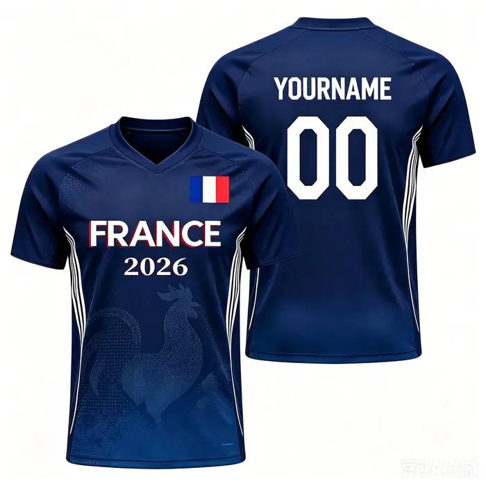 Maillot de football américain France 2026 - Nom et numéro personnalisés - Respirant et séchage rapide - Haut d'entraînement unisexe - Cadeau pour les fans