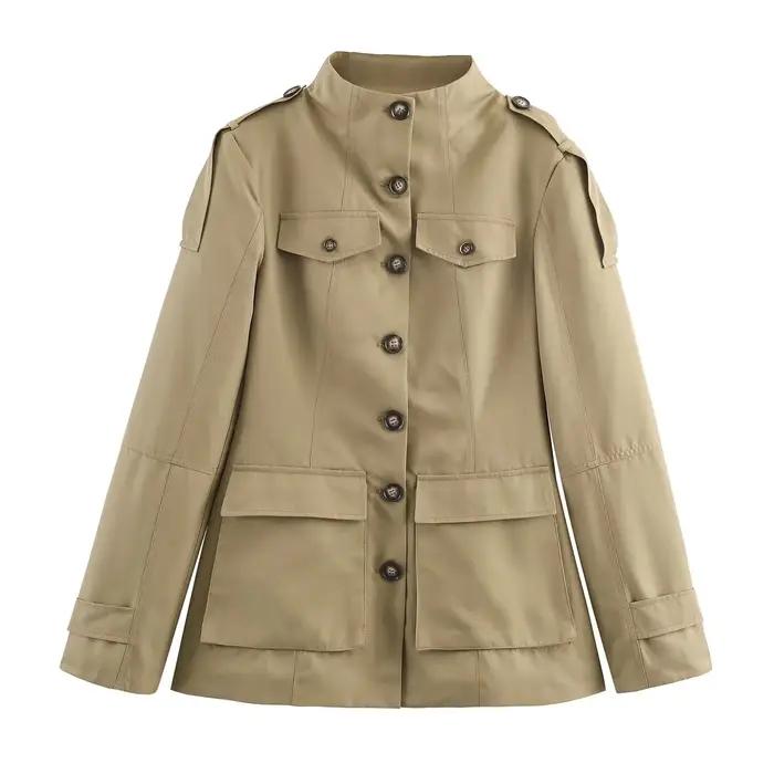 HH femmes automne mode vestes manches longues col haut poches simple boutonnage décorer manteaux femme décontracté haute