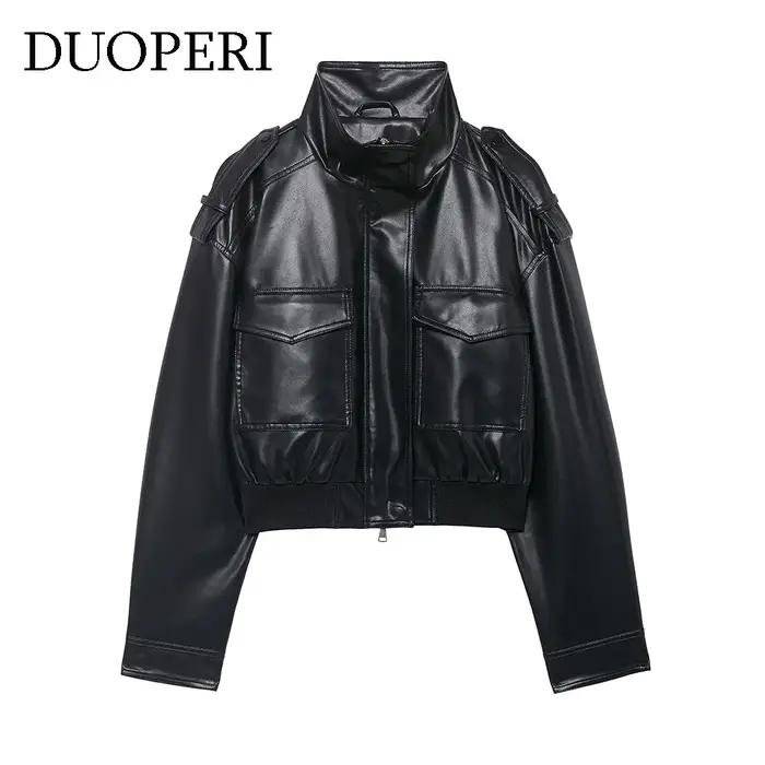 DUOPERI femmes mode avec poches PU noir vestes haute rue col haut manches longues manteaux femme élé