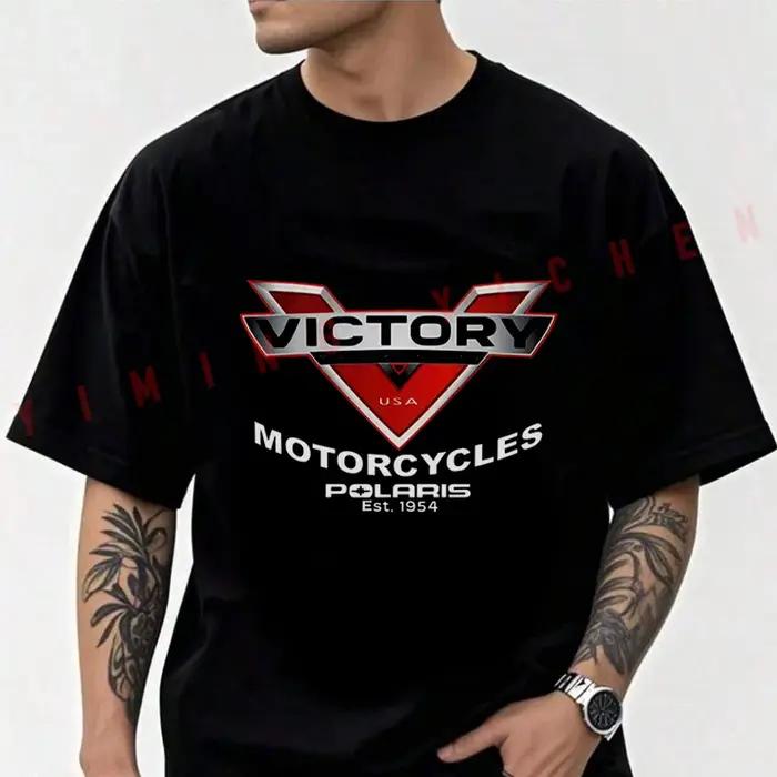 T-shirt en coton avec logo Victory Motorcycles pour hommes, manches courtes, décontracté, col rond,