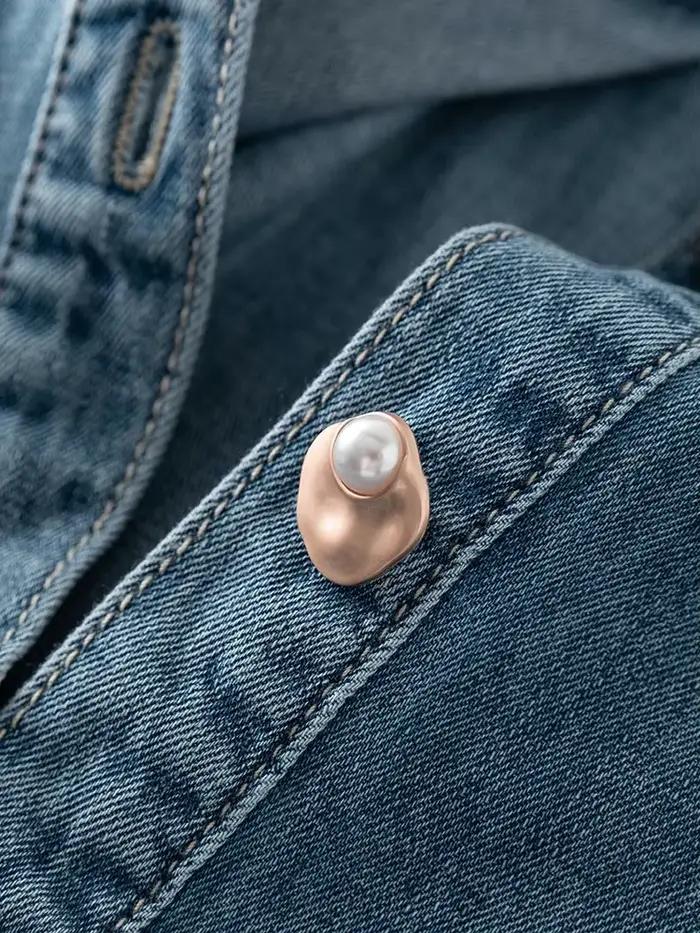 FSLE-Chemise en denim bleu doux pour femme, chemise à col en V empilable, chemise décontractée, chem