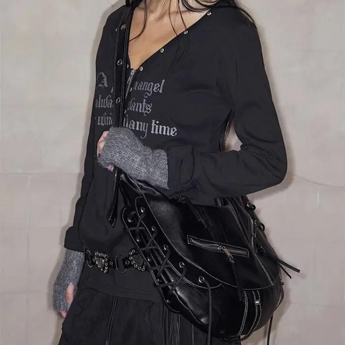 Sac à bandoulière de style Punk avec sangles multi-trous, sac de moto Cool, fourre-tout souple décon