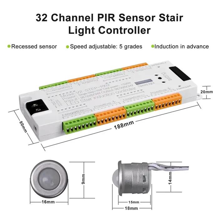 V2 escalier lumière LED contrôleur DC 12V 24V 32 canaux escaliers intérieurs PIR capteur variateur