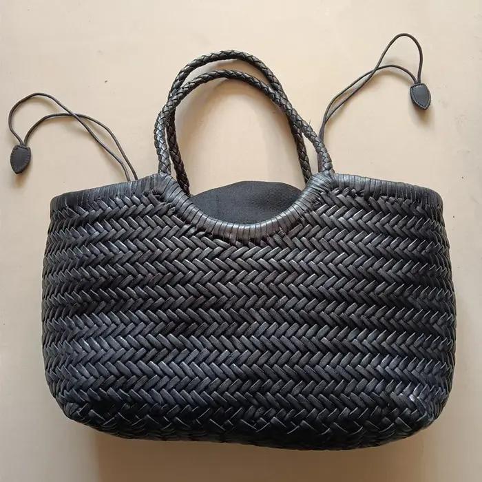 Sacs à main en cuir véritable pour femmes, sac à provisions décontracté tissé de luxe, panier vintag