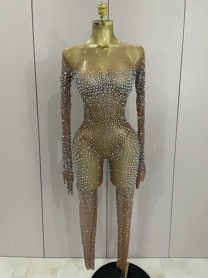 Combinaison de luxe en maille transparente pour femmes, strass scintillants, Sexy, moulante, robe d'