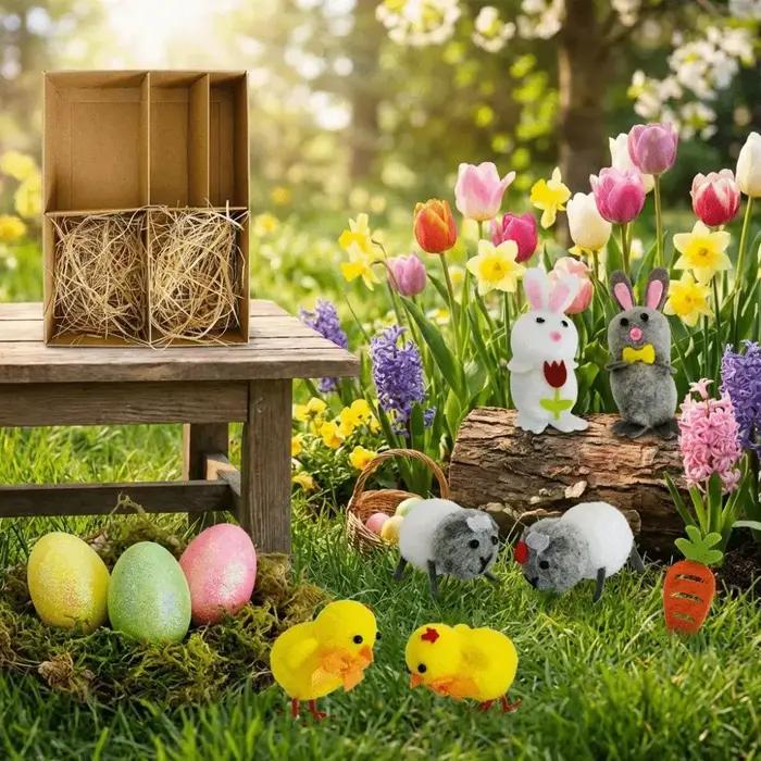 Ornement de Pâques amusant et joyeux : Œufs de Pâques, poussins et figurines de lapins réalistes et mignonnes, faites à la main, pour la décoration de Pâques et les fêtes