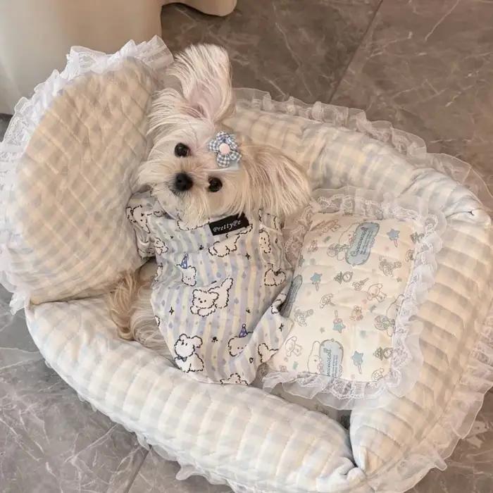 Nouvelle tenue de nuit pour chien à motif chiot mignon, respirante, anti-chute de poils, vêtements d'intérieur pour animaux de compagnie, bleu rose, manches courtes