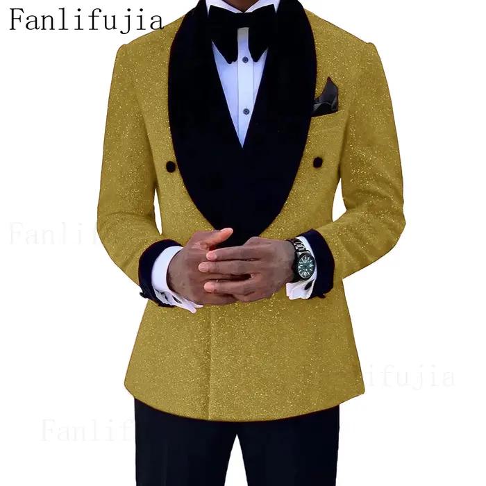 Fanlifujia luxe rouge paillettes costumes hommes marié mariage smoking Double boutonnage Blazer formel soirée robe