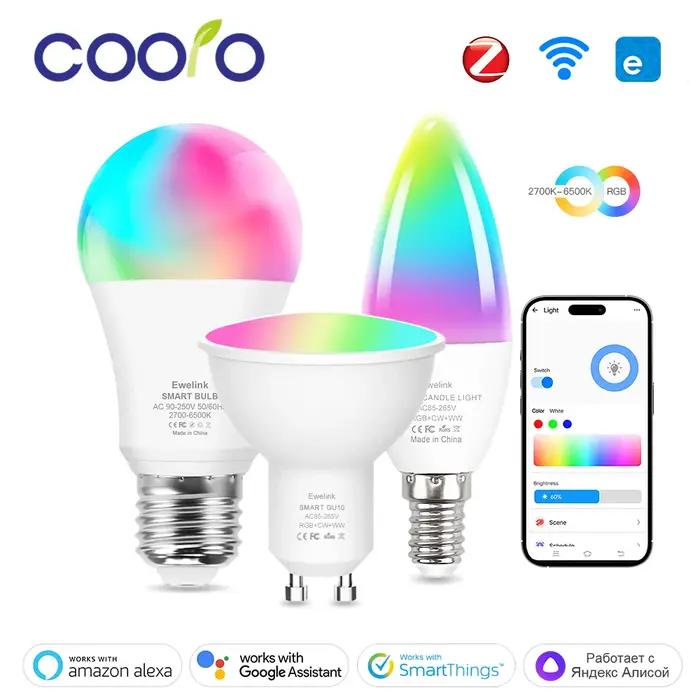 Ampoule LED intelligente WiFi Zigbee, variable, E27, E14, GU10, RGBCW, 2700-6500K, bougie, pour appl