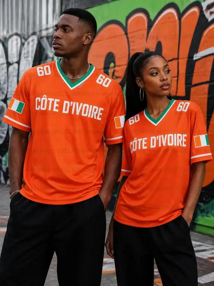 Sweat-shirt imprimé Côte d'Ivoire 2026 à col en V et manches courtes, nouveau style estival, t-shirt décontracté ample, maillot de sport polyvalent