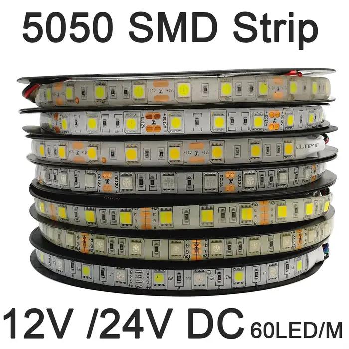 Bande LED SMD 5050, 5m, 12V, 24V, 60 diodes/m, éclairage de décoration Flexible, IP20 IP65, étanche,