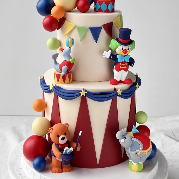 Décoration de gâteau sur le thème du cirque avec Clown, Lion, Éléphant, Lion de Mer, Magicien et Ours pour fêtes d'anniversaire, baptême et révélation du sexe des enfants
