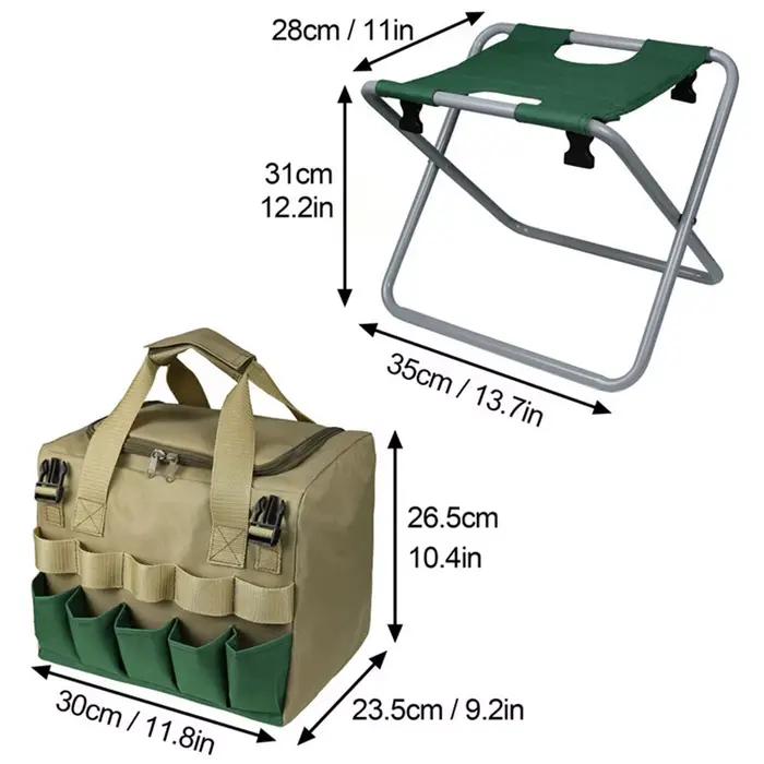 Ensemble de jardinage avec tabouret pliant et sac à outils gris clair pour un confort optimal et une organisation pratique