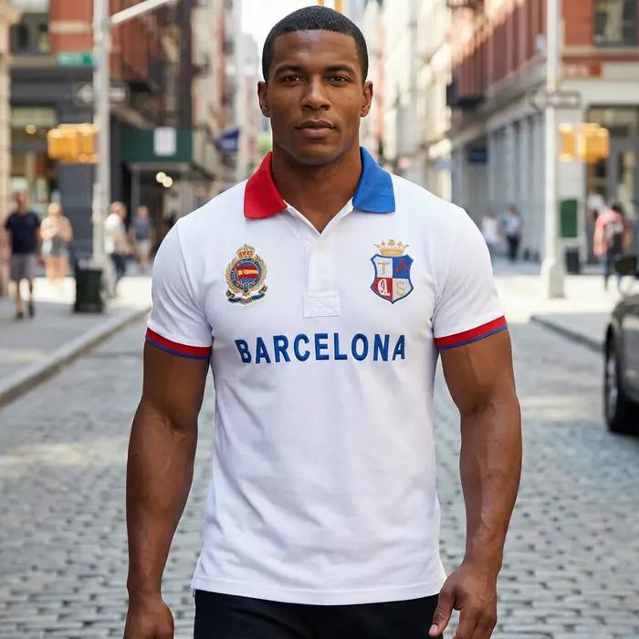 Polo en coton de haute qualité pour hommes Fans de football de Barcelona Symbole "Barca" brodé Cadeau du Nouvel An