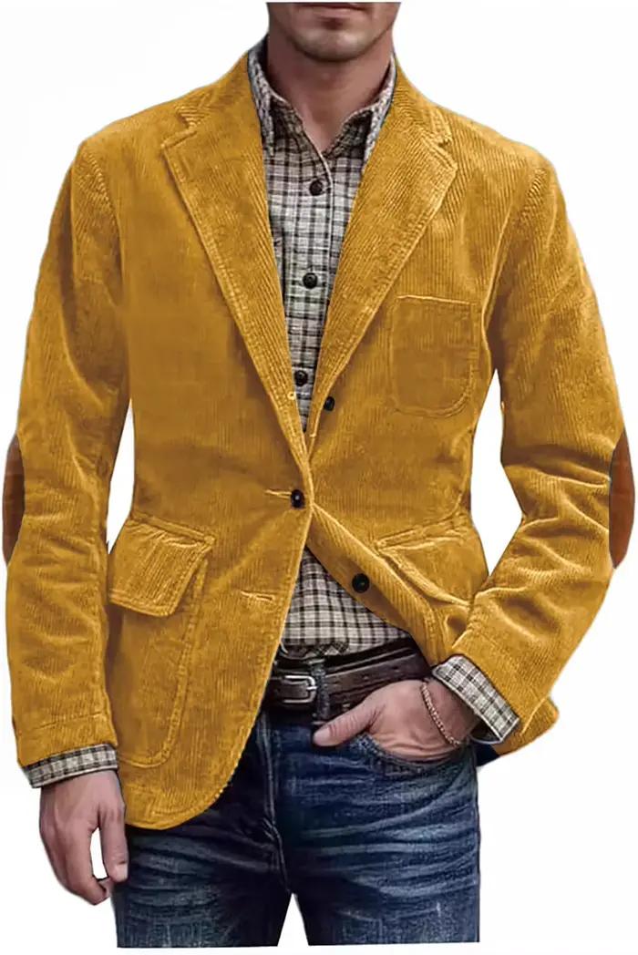 Blazer de chasse en velours côtelé marron style vintage pour homme avec patchs aux coudes et revers crantés pour mariage et événements spéciaux