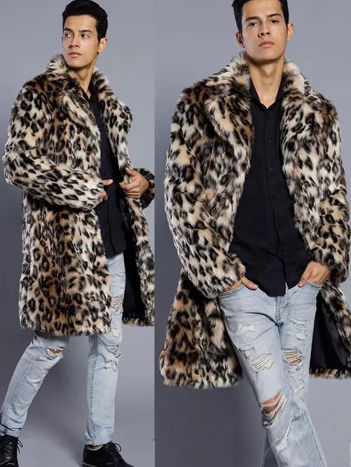 Manteau long en fausse fourrure pour homme, col large, motif léopard, épais, collection automne-hiver 2022