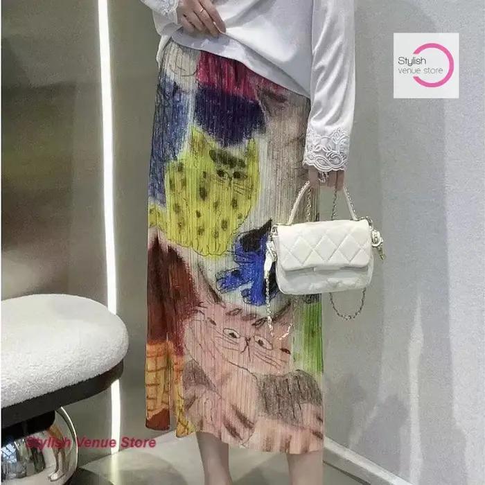 Jupe plissée imprimée Issey Miyake haut de gamme de style japonais pour femme, niche d'été, slim, haut sens, nouvelle jupe chaton.