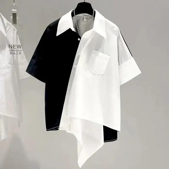 Chemise Patchwork à Manches Courtes pour Femme, Design Irrégulier, Chic, à la Mode, Tendance d'Été,