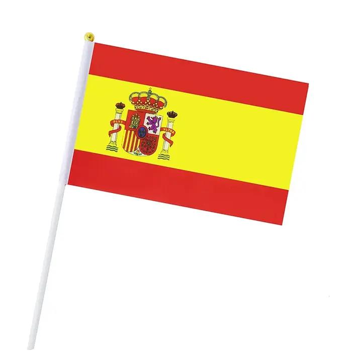 Drapeau espagnol 14x21cm, drapeau espagnol ES ondulé à la main pour défilé d'élection et mars avec mât en plastique