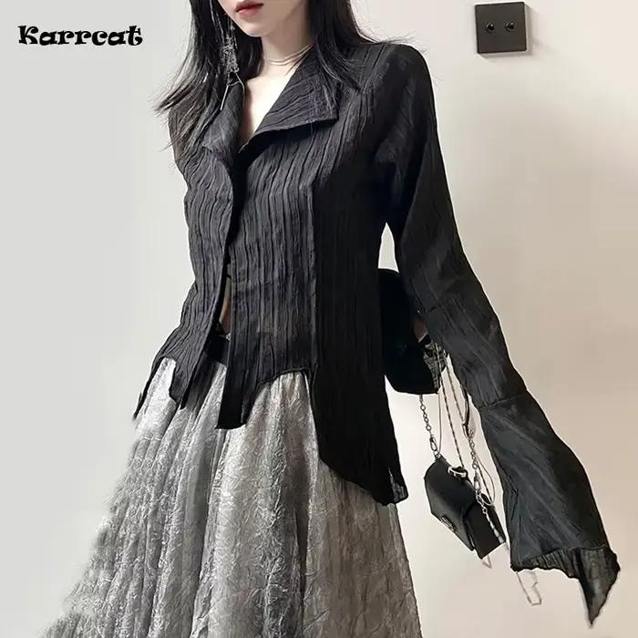 Karrcat – chemises gothiques noires, irrégulières, Style Yamamoto, Blouse à manches évasées, vêtemen