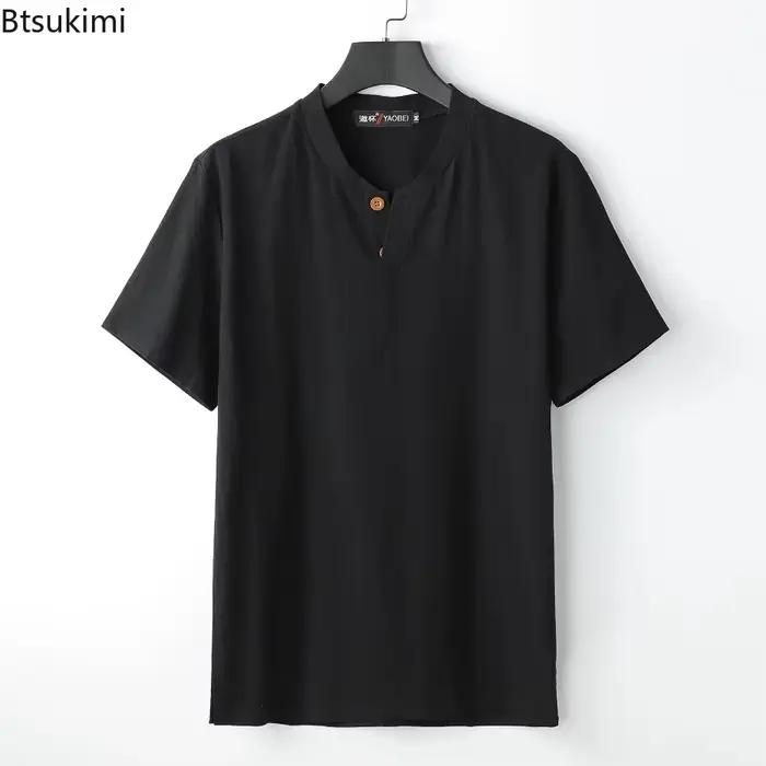 T-shirts en coton et lin à manches courtes pour hommes