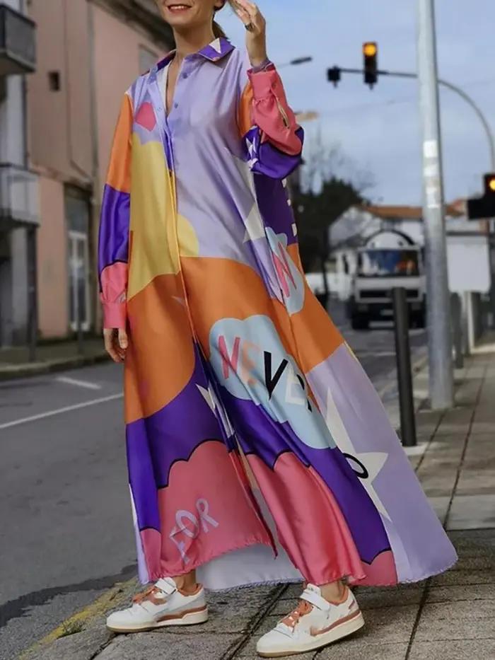 Robe longue décontractée à col rabattu pour femmes