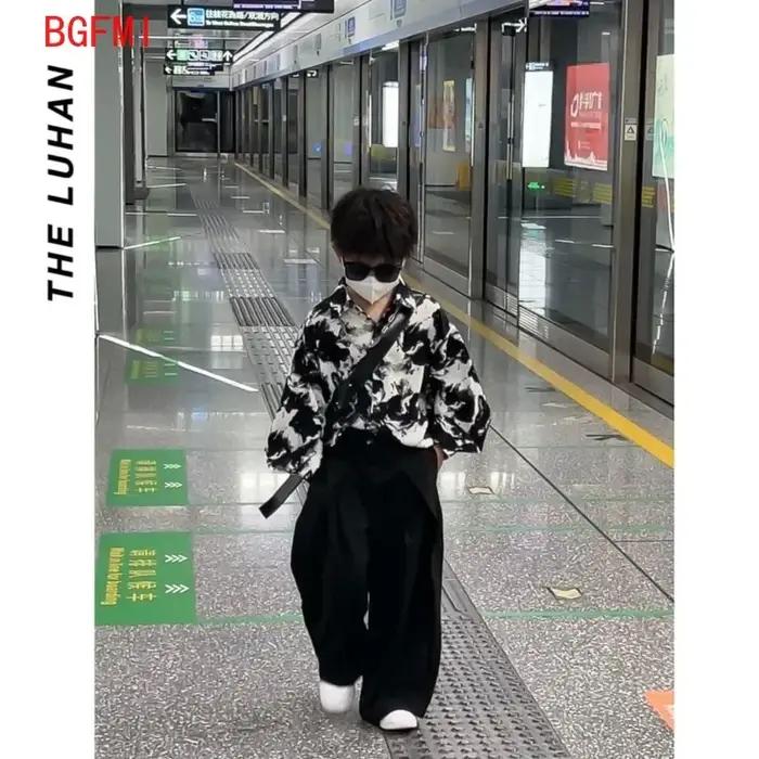 Tenue chemise pour adolescent de 4 à 14 ans, vêtements à la mode pour enfants, nouvelle chemise coréenne avec peinture à l'encre et pantalon de costume à jambes larges, nouvelle collection printemps e