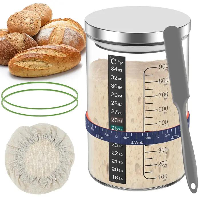 Pot de démarrage à levain 900ml, récipient de démarrage, pot en verre transparent et accessoire, fou