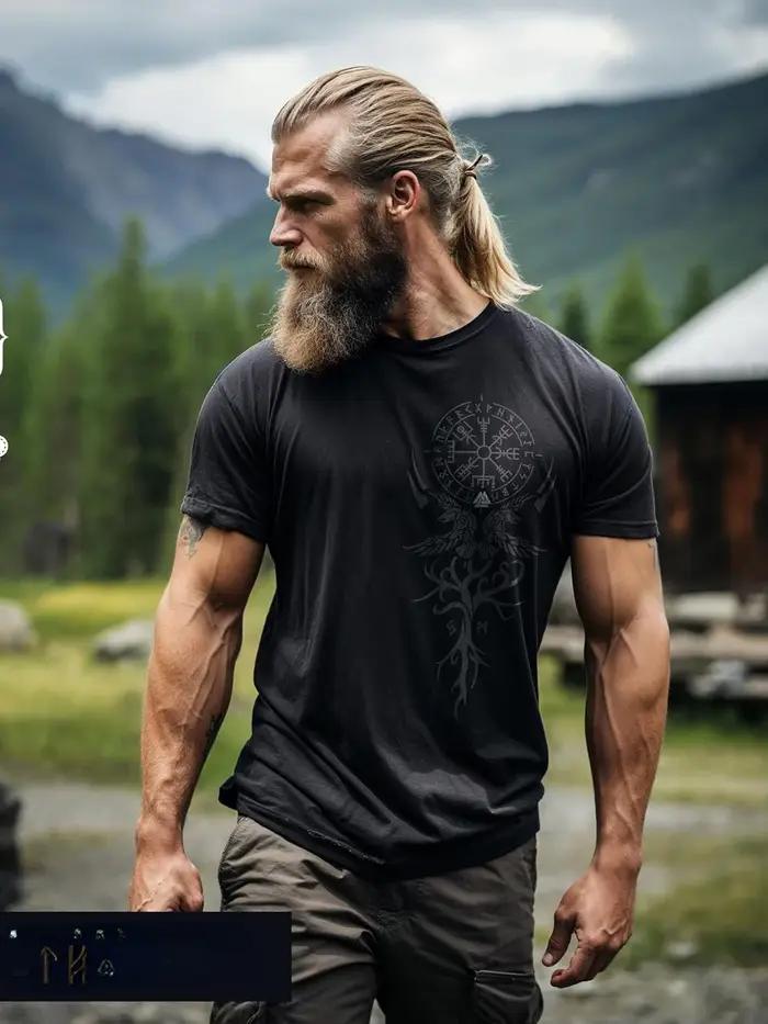 T-shirt manches courtes col rond 100% coton pour homme, décontracté, style nordique, Odin Ravens Valknut Symdazers Compass Vegvisir Rune, été