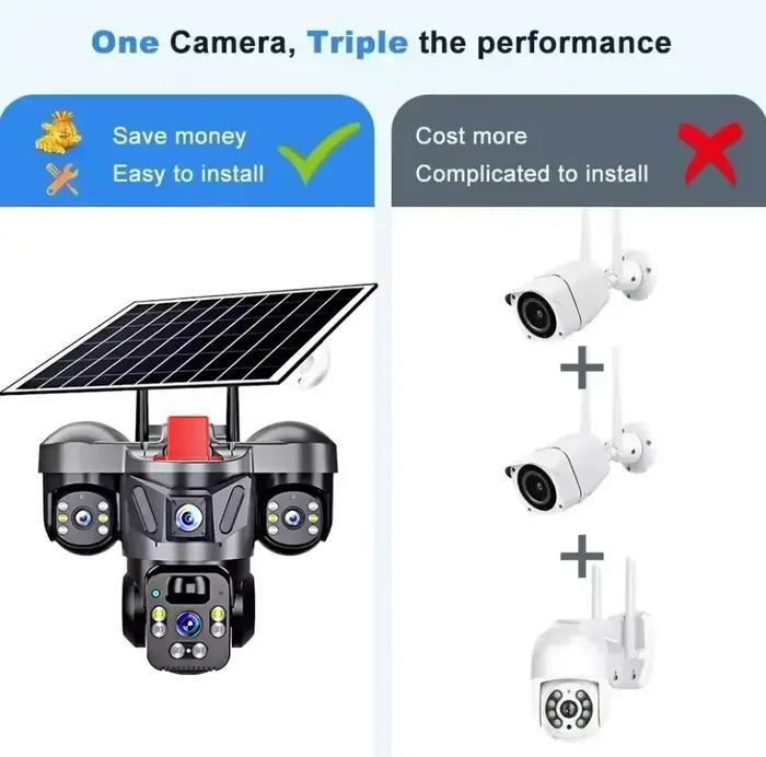 Caméra solaire extérieure 4G PTZ 8MP triple objectif surveillance maison carte mémoire haute vitesse panneau