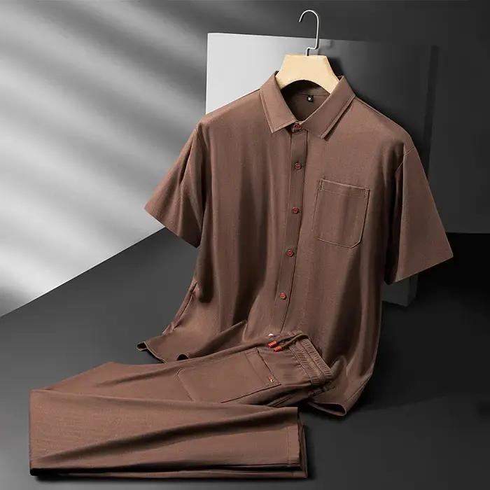 Ensembles d'été de luxe Minglu en Lyocell pour hommes – Chemises unies à manches courtes et boutonnage simple