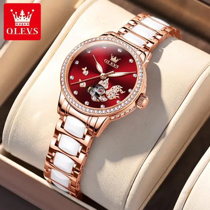 Montre OLEVS 7001 automatique mécanique pour femme en acier inoxydable de luxe avec bracelet élégant