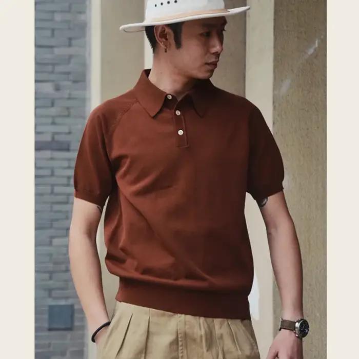 Polo italien pour hommes, 100% coton tricoté, coupe cintrée, Vintage, couleur unie, revers, manches
