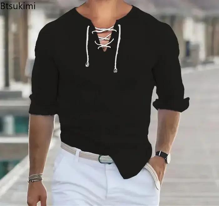Nouvelle Collection : Chemises Homme Simples à Manches Longues, Col V Tendance avec Lacets, Hauts Décontractés Unis et Polyvalents pour Hommes