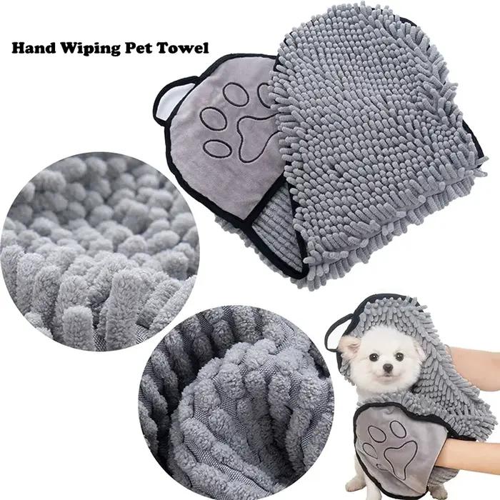 Serviette de bain en chenille pour chiens et chats avec poches pour les mains ultra-absorbante pour bains quotidiens et promenades sous la pluie