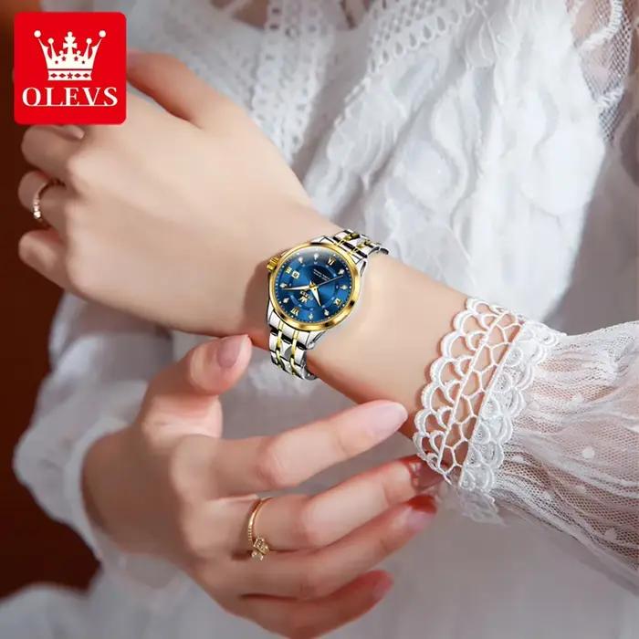 Montre femme OLEVS luxe or petit cadran - Étanche acier inoxydable bracelet losange date