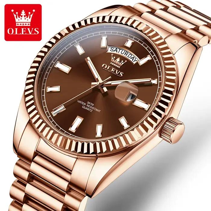 Montre homme luxe OLEVS or rose acier inox étanche avec affichage jour date pour chasseurs