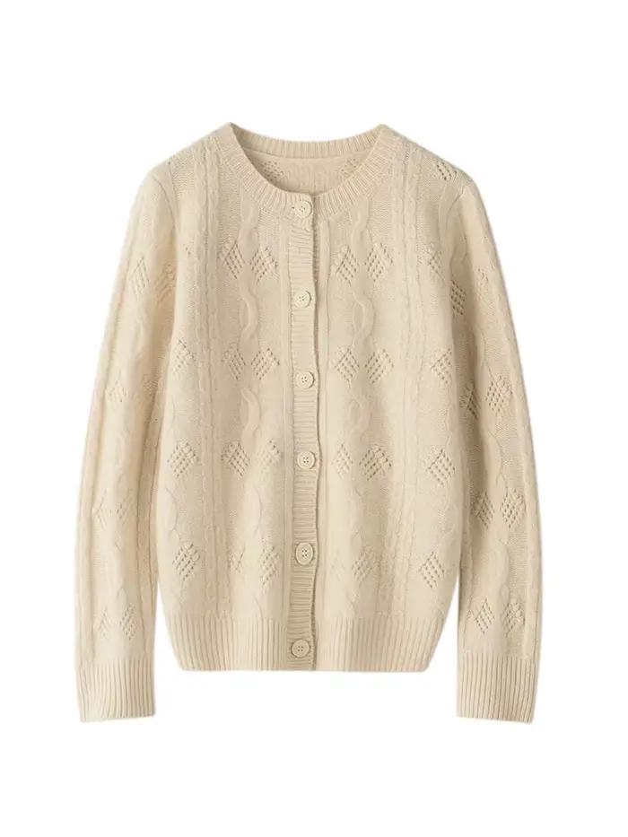 ADE-WhatsApp-Pull en cachemire de style vintage creux pour femmes, cardigan à col rond, tricots 100%
