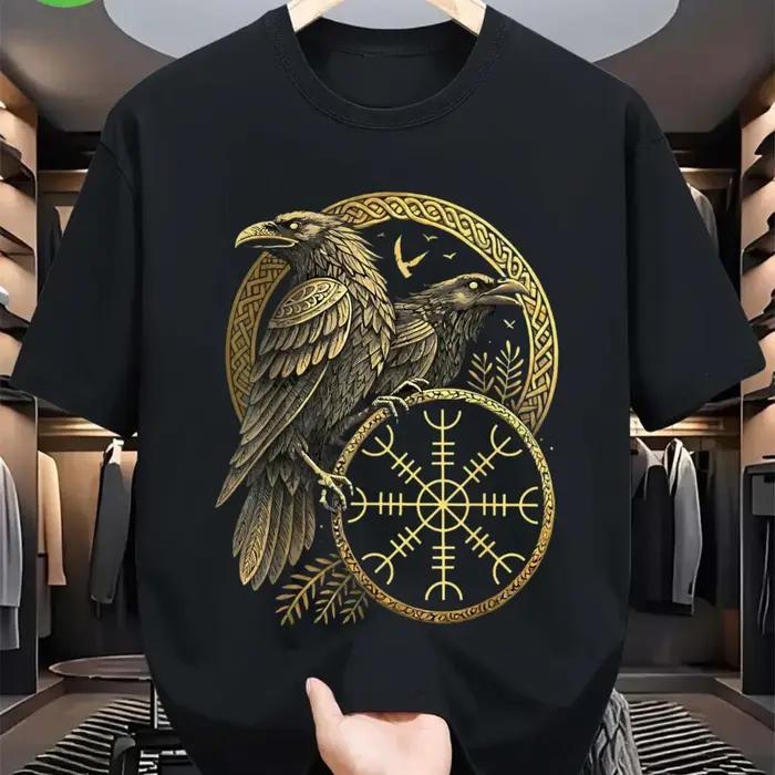 T-shirt graphique à manches courtes avec symbole viking Vegvisir rune nordique et corbeau pour hommes et femmes occassions spéciales printemps été