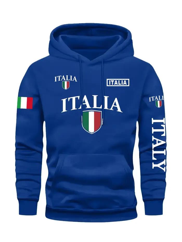 Sweat à capuche gris pour hommes, bouclier drapeau italien audacieux, lettre imprimée, pull décontracté, poche avant, poignets côtelés, ajustement confortable, mode urbaine